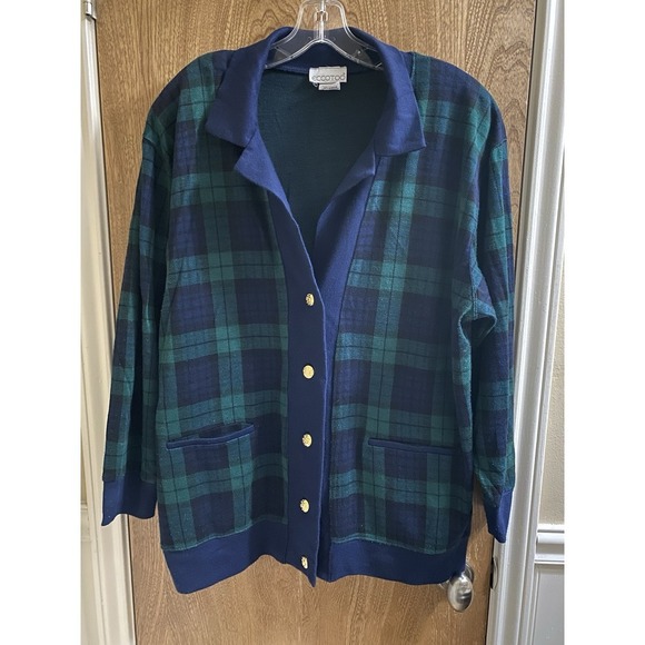 Vintage Eccotoo Navy Green Plaid Button Up Cardigan Collared Gold Buttons 1X - Picture 1 of 16